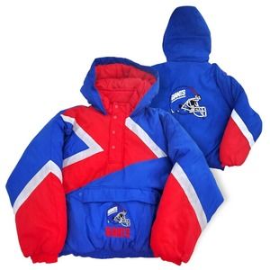 Vintage 90s New York Giants Puffer Jacket Blue Red NFL Hooded Youth Large 14/16